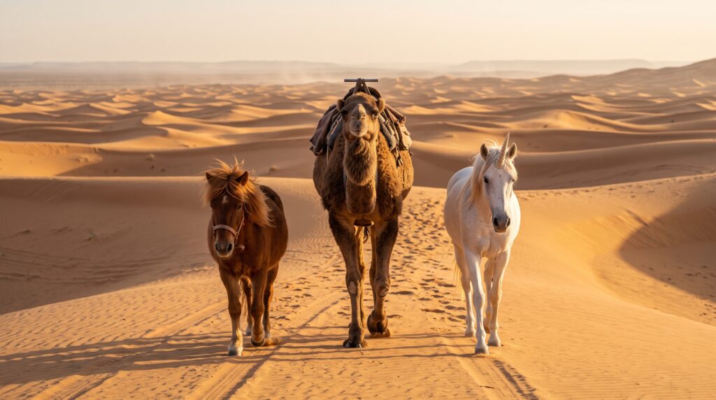 Kameel, pony en eenhoorn in de woestijn